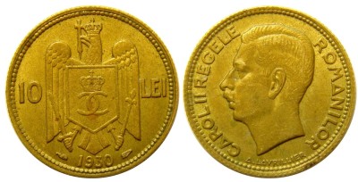 q589 MONEDA 10 LEI 1930 CAROL II monetaria PARIS APROAPE NECIRCULATA aUNC piesa de colectie foto