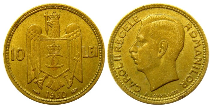q589 MONEDA 10 LEI 1930 CAROL II monetaria PARIS APROAPE NECIRCULATA aUNC piesa de colectie