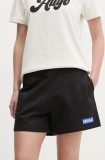 Hugo Blue pantaloni scurti din bumbac femei, culoarea negru, cu imprimeu, high waist, 50541122