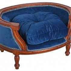 Canapea pentru caine din lemn mahon cu tapiterie albastra CAT701G71