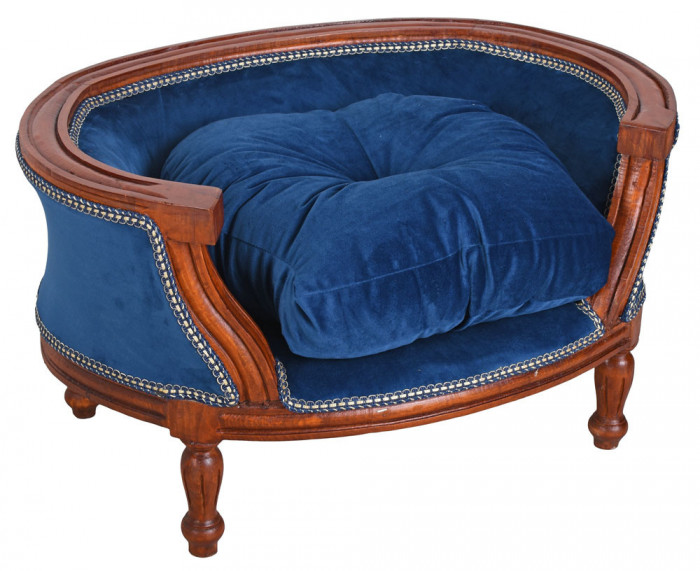 Canapea pentru caine din lemn mahon cu tapiterie albastra CAT701G71