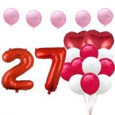 Set de 17 baloane pentru aniversarea de 27 de ani, cu 15 baloane din latex roz, albe si rosii si 2 baloane inimioara din folie, ideal pentru o petrece