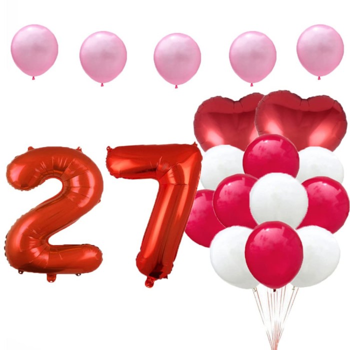 Set de 17 baloane pentru aniversarea de 27 de ani, cu 15 baloane din latex roz, albe si rosii si 2 baloane inimioara din folie, ideal pentru o petrece