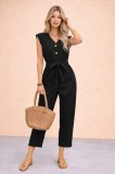 Summer Single-Breasted V-Neck Belted Black Linen Jumpsuit