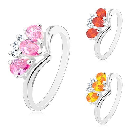 Inel lucios cu braţe &icirc;ndoite, trei zirconii colorate &icirc;n formă de lacrimă - Marime inel: 59, Culoare: Roz