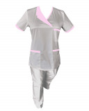 Costum Medical Pe Stil, Alb cu Elastan Cu Paspoal si Garnitură Roz deschis, Model Nicoleta - 4XL, 4XL