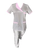 Costum Medical Pe Stil, Alb cu Elastan Cu Paspoal si Garnitură Roz deschis, Model Nicoleta - 3XL, M