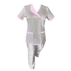 Costum Medical Pe Stil, Alb cu Elastan Cu Paspoal si Garnitură Roz deschis, Model Nicoleta - L, XL