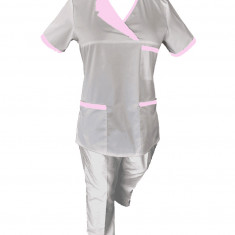 Costum Medical Pe Stil, Alb cu Elastan Cu Paspoal si Garnitură Roz deschis, Model Nicoleta - XS, XS