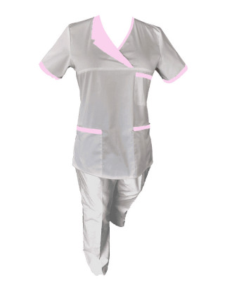 Costum Medical Pe Stil, Alb cu Elastan Cu Paspoal si Garnitură Roz deschis, Model Nicoleta - L, XL foto