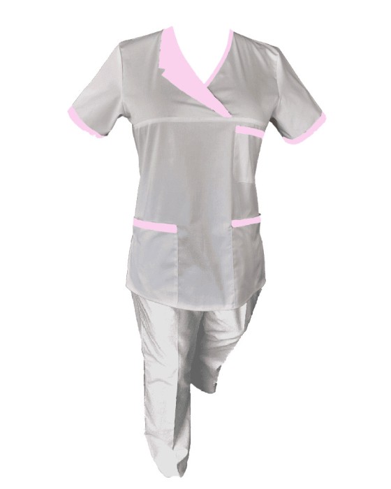 Costum Medical Pe Stil, Alb cu Elastan Cu Paspoal si Garnitură Roz deschis, Model Nicoleta - 4XL, 3XL
