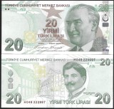 TURCIA 20 LIRE 2009 ( 2026 ) prefix H , UNC [1] P- 224 g , Semnaturi : Guvernator Fatih Karahan + Vice Hatice Karahan , necirculata