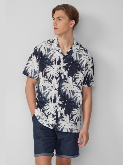 Q/S by s.Oliver Camasa barbati cu imprimeu tropical si croiala Regular Fit, Alb/Albastru, L