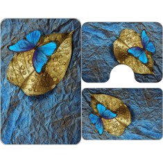 Set Covorașe Baie 3 piese: 60x90cm, 60x45cm, 60x45cm, Fluture albastru