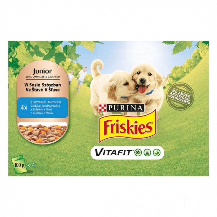 FRISKIES Junior VitaFit pliculeț pentru cățeluși, cu pui și morcov &icirc;n sos 4 x 100 g