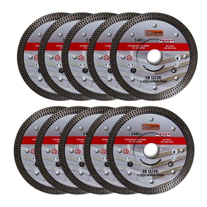 Disc diamantat turbo subtire, ceramica, taiere umeda si uscata, set 10 buc, 125 mm/22.23 mm, Richmann Exclusive