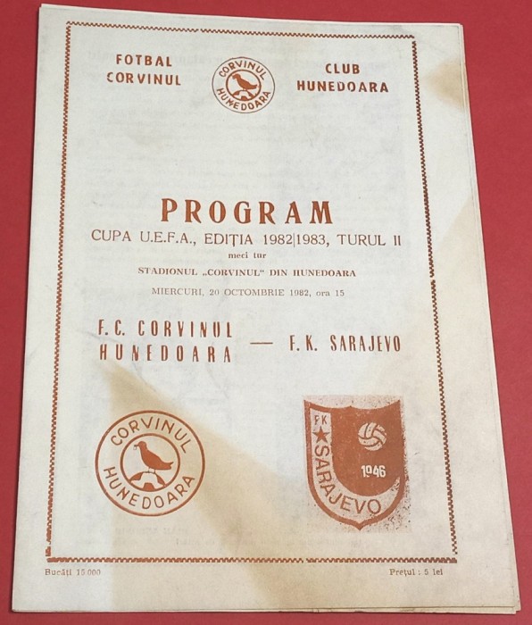 Program meci fotbal CORVINUL HUNEDOARA - FK SARAJEVO (Cupa UEFA 20.10.1982) (1)