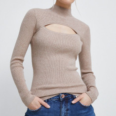 Medicine pulover femei, culoarea bej, light, cu turtleneck