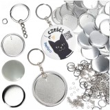 Kit 300 componente pentru brelocuri personalizate 58 mm, blank-uri metalice cu lant, inel si folie transparenta, compatibil cu presa pentru insigne
