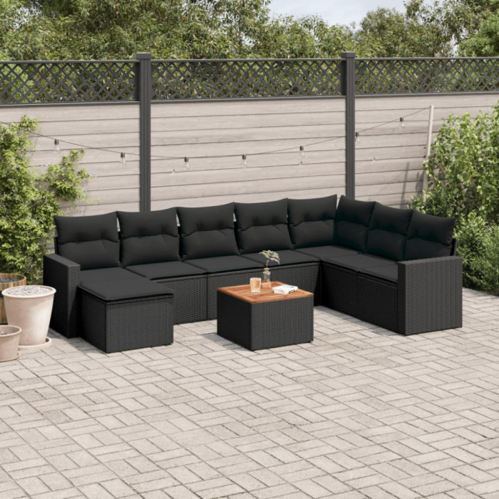 Set mobilier de gradina cu perne, 9 piese, negru, poliratan