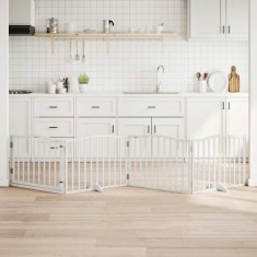 vidaXL Poartă c&acirc;ini pliabilă cu ușă, 4 panouri, alb, 320 cm, lemn plop 352217