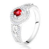 Inel - ştras roşu cu dublu contur din zirconiu, inimi, argint 925 - Marime inel: 56
