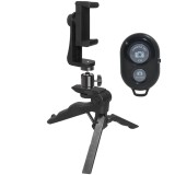 Suport smartphone rotativ cu cap de bila, telecomanda wireless si trepied 2 in 1 tip pistol, prindere cu arc 8 cm, montura 1 4 inch, suport pliabil pe