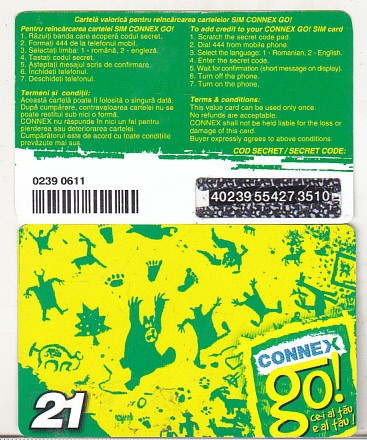 bnk card Romania - Connex - reincarcare Go! 21 $ - RO-CON-REF-0024A