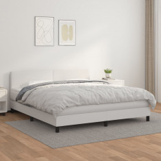 vidaXL Pat box spring cu saltea, alb, 180x200 cm, piele ecologică