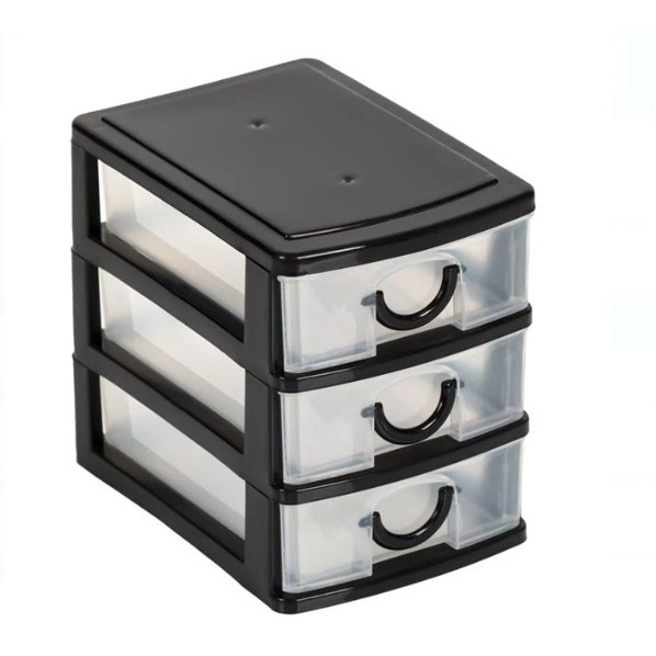 Cutie Organizatoare Neagra din Plastic cu 3 Sertare pentru Birou 11x9x13cm