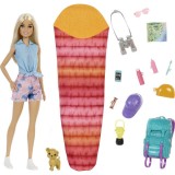 Papusa Barbie Malibu - Barbie la camping cu catelusa, 14 accesorii, Mattel