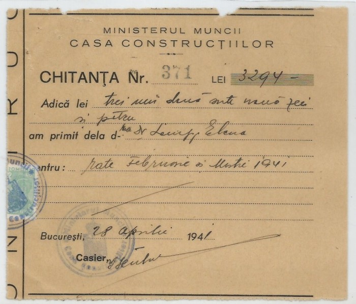 Romania, Ministerul Muncii, Casa Constructiilor, Chitanta, 1941