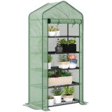 Outsunny Seră Mini pe 5 Niveluri cu Husă Ranforsată, Seră Portabilă cu Ușă Rulabilă și Rafturi de S&acirc;rmă, 193x90x49 cm, Verde | Aosom Romania