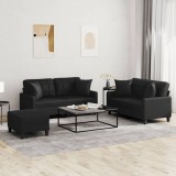 VidaXL Set de canapele cu perne, 3 piese, negru, piele ecologică