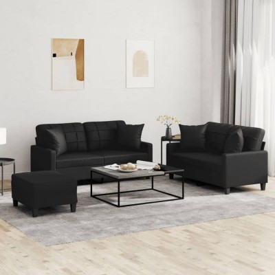 vidaXL Set de canapele cu perne, 3 piese, negru, piele ecologică foto