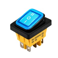Intrerupator rocker basculant ON-OFF-ON, KCD4-0111-23, 6pini, 250VAC, 16A, 30x22mm, LED albastru, cu retinere, IP65