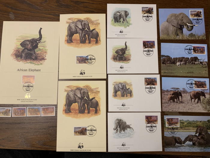 uganda - elefant - serie 4 timbre MNH, 4 FDC, 4 maxime, fauna wwf