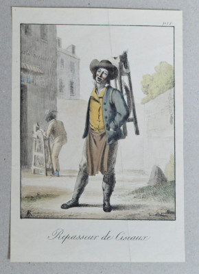 Adolphe Eug&amp;egrave;ne Gabriel Roehn &amp;quot;Repasseur de ciseaux&amp;quot; litografie 1817 foto