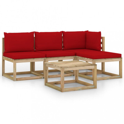 Set mobilier de grădină, 5 piese, cu perne roșii foto