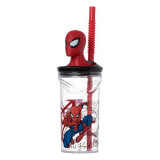 Pahar cu capac si pai pentru bauturi,Spider Men 3D,plastic,rosu,360 ml