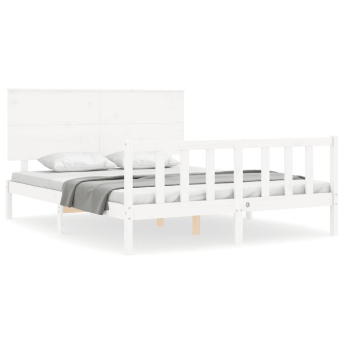 Cadru de pat cu tablie, alb, king size, lemn masiv