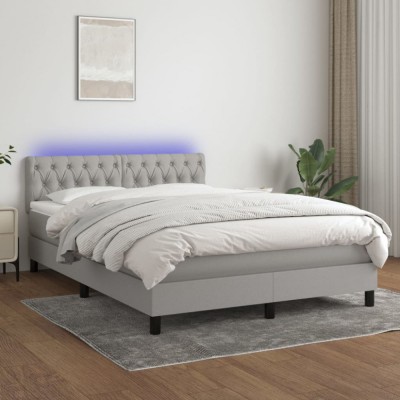 vidaXL Pat cu arcuri, saltea și LED, gri deschis, 140x190 cm, textil 3133389 foto