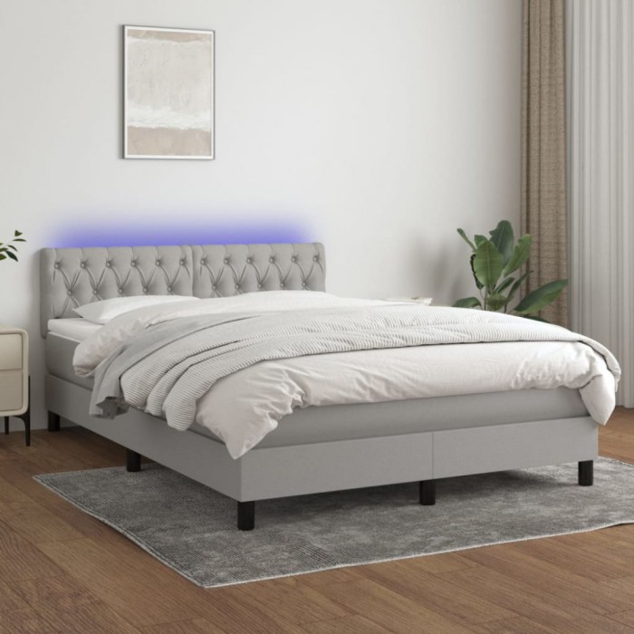 vidaXL Pat cu arcuri, saltea și LED, gri deschis, 140x190 cm, textil 3133389