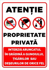 Indicator atentie proprietate privata interzis aruncatul in gradina a gunoiului tigarilor sau deseurilor de orice fel foto