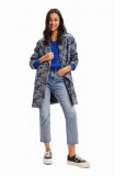 Desigual palton 23WWEWA9 WOMAN WOVEN OVERCOAT femei, culoarea albastru marin, de tranzitie, cu doua randuri de nasturi