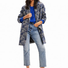 Desigual palton 23WWEWA9 WOMAN WOVEN OVERCOAT femei, culoarea albastru marin, de tranzitie, cu doua randuri de nasturi