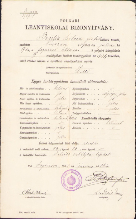 HST A1906 Certificat școlar 1908 Făgăraș elevă rom&acirc;ncă ortodoxă