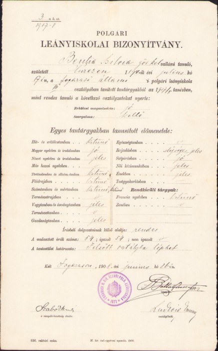 HST A1906 Certificat școlar 1908 Făgăraș elevă rom&acirc;ncă ortodoxă