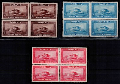Romania 1928, LP 80, C. Raiu - Posta Aeriana, filigran vertical, bloc de 4, MNH! foto