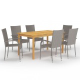 Cumpara ieftin Set Mobilier Gradina 7 Piese, Lemn Acacia, Ratan PE, Gri, Masa Dreptunghiulara, Scaune, Rezistent Intemperii